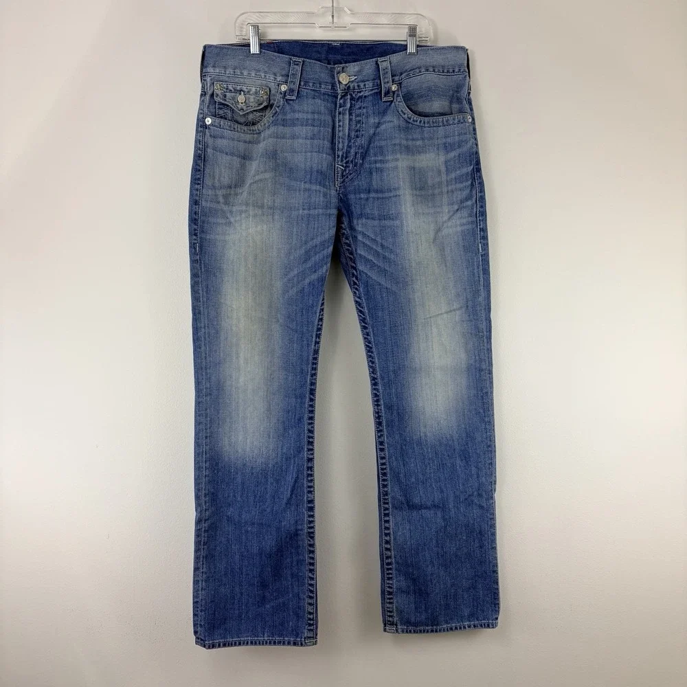 True Religion Men's Blue Straight‎ Leg Flap Pocket Jeans Size 36 Y2K Vintage